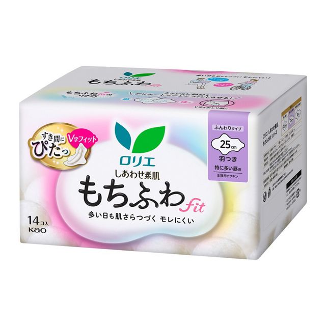 【花王】［医薬部外品］　ロリエ　しあわせ素肌　もちふわｆｉｔ　特に多い昼用２５ｃｍ　羽つき　１４個