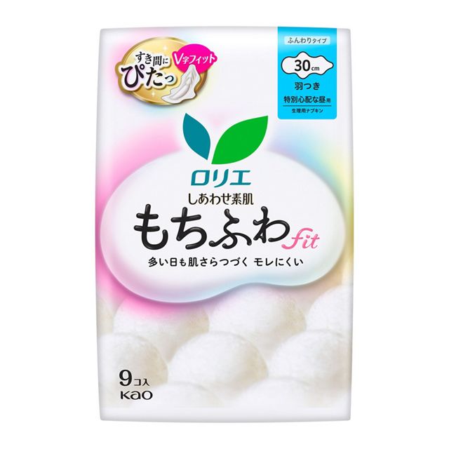 【花王】［医薬部外品］　ロリエ　しあわせ素肌　もちふわｆｉｔ　特別心配な昼用　３０ｃｍ　羽つき　９個