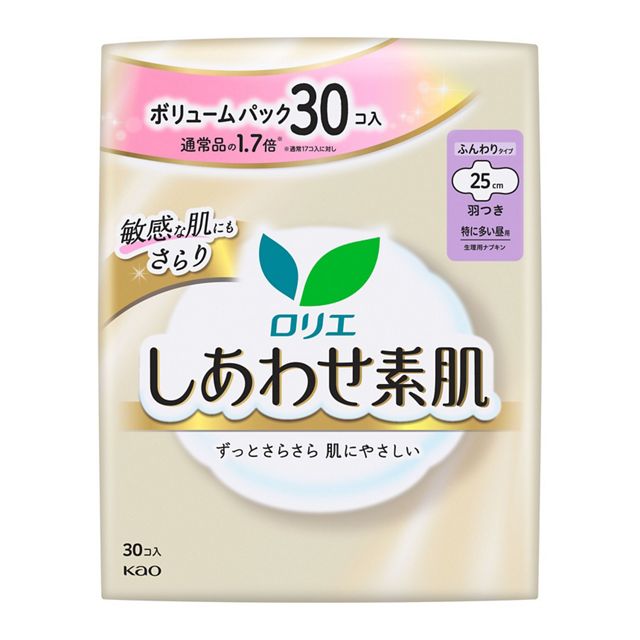 【花王】［医薬部外品］　ロリエ　しあわせ素肌　ボリュームパック　特に多い昼用２５ｃｍ　羽つき　３０個