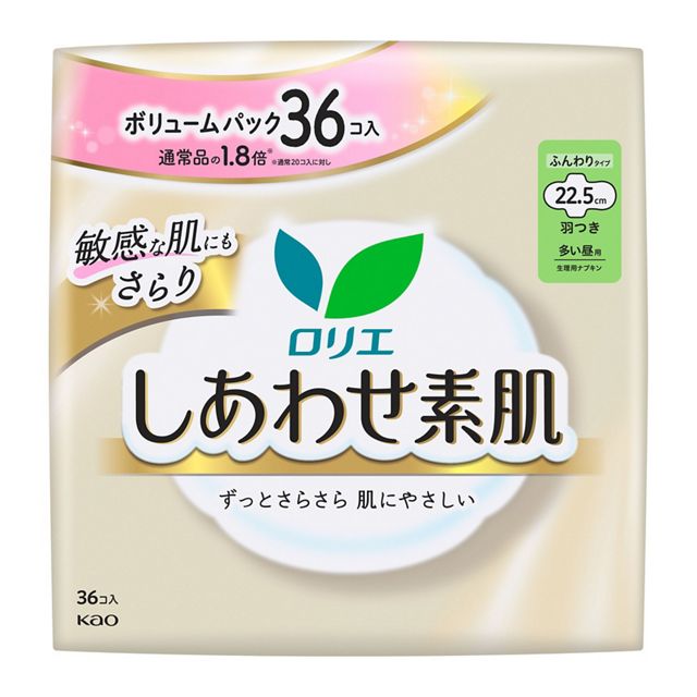 【花王】［医薬部外品］　ロリエ　しあわせ素肌　ボリュームパック　多い昼用２２．５ｃｍ　羽つき　３６個