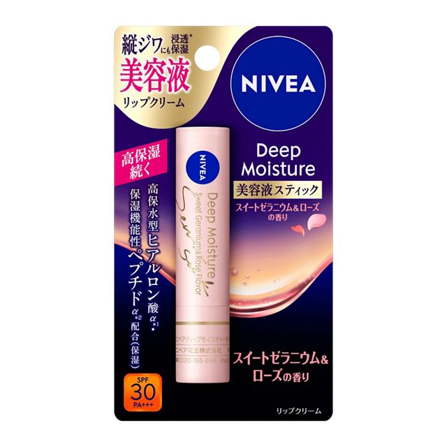 【花王】　ニベア　ディープモイスチャーリップ　美容液スティック　スイートゼラニウム＆ローズの香り