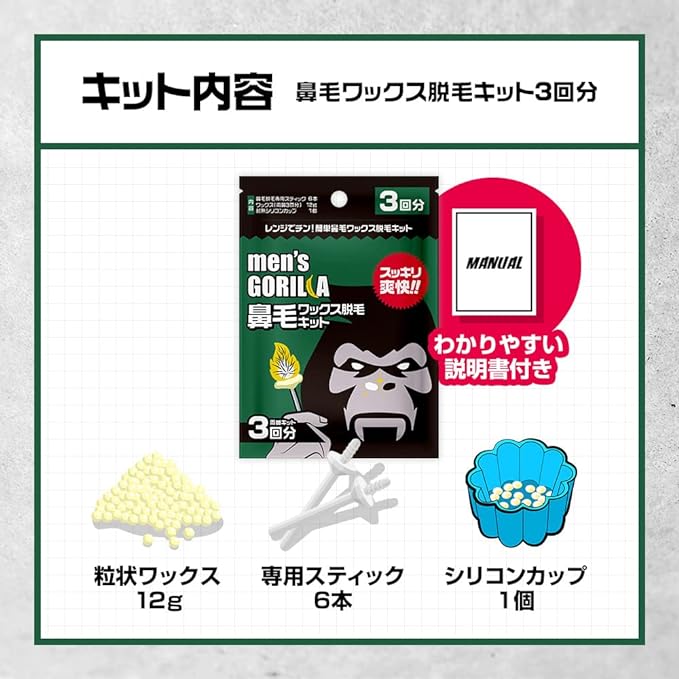 メンズゴリラ 鼻毛ワックス脱毛キット 3回分のキット内容