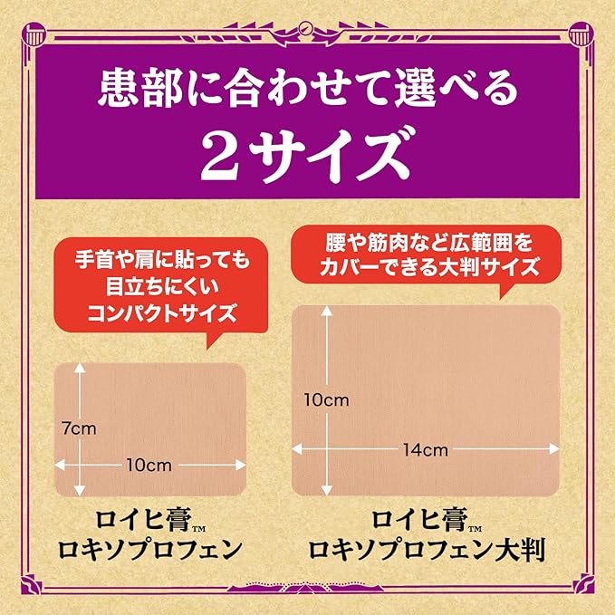 【第2類医薬品】ロイヒ膏 ロキソプロフェン7枚入×5個は、患部に合わせて選べる2サイズ。